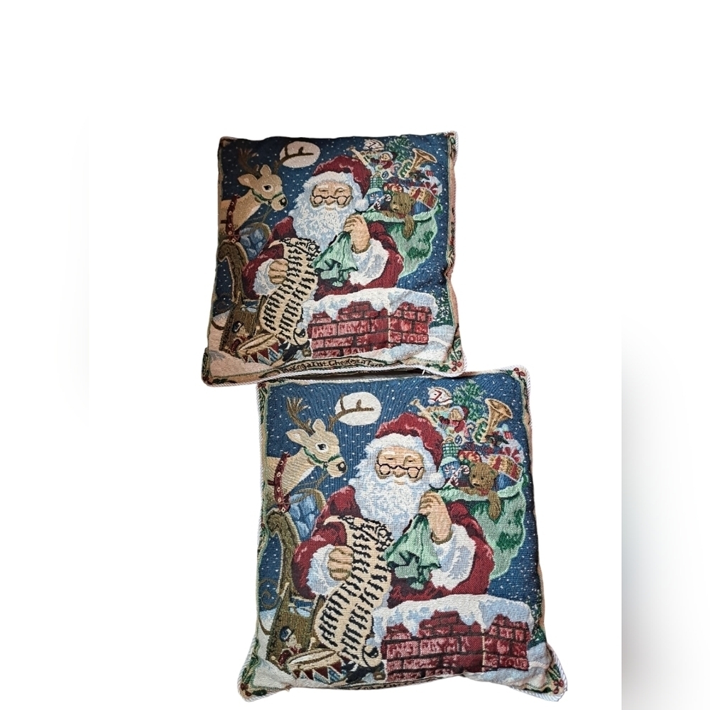 VTG SANTA CLAUS tapestry cushions roped edging zip closure Holiday decor Set 2